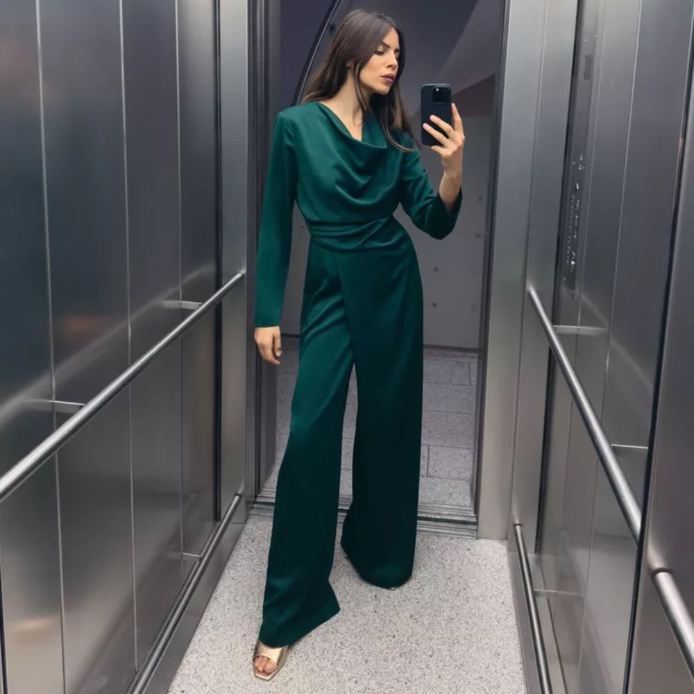 Zara Pleated Waist Crepe Jumpsuit Emerald Green XS
